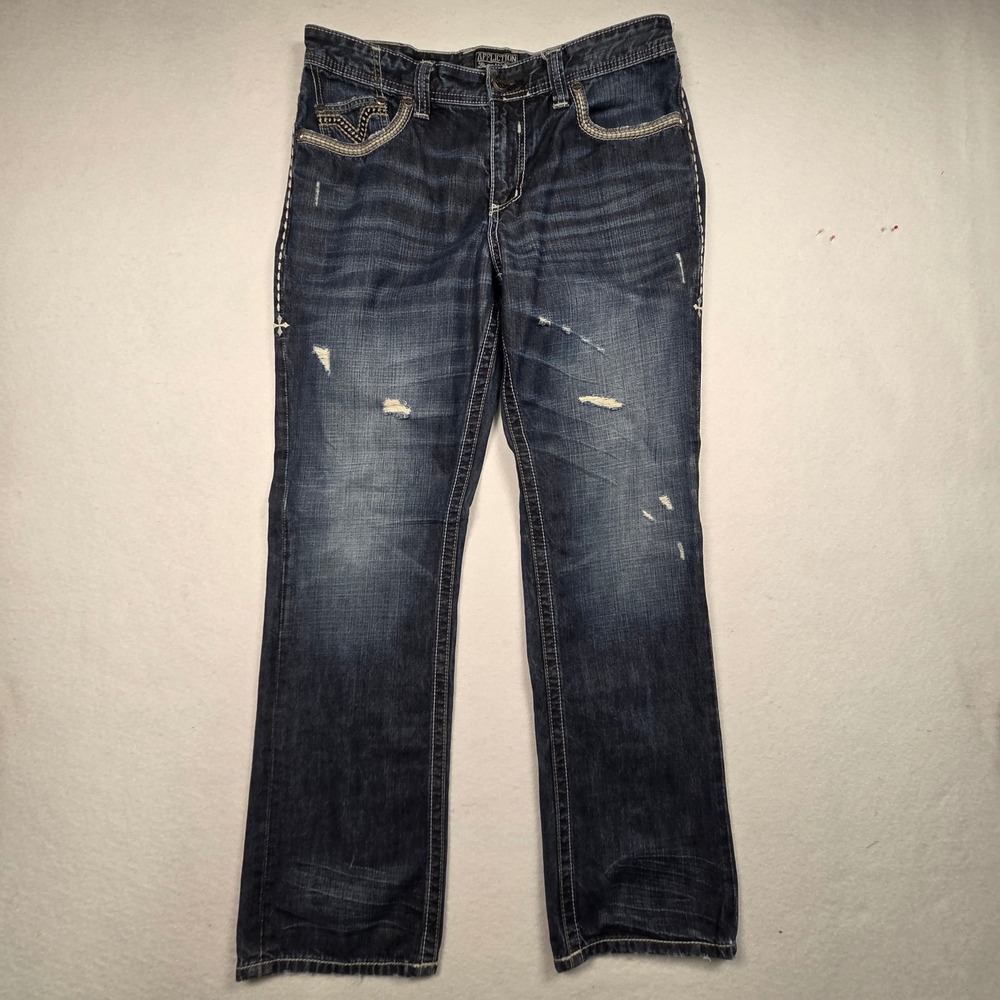 Affliction Grant Jeans Mens 34 Blue Distressed Black Premium Buckle Cross Denim